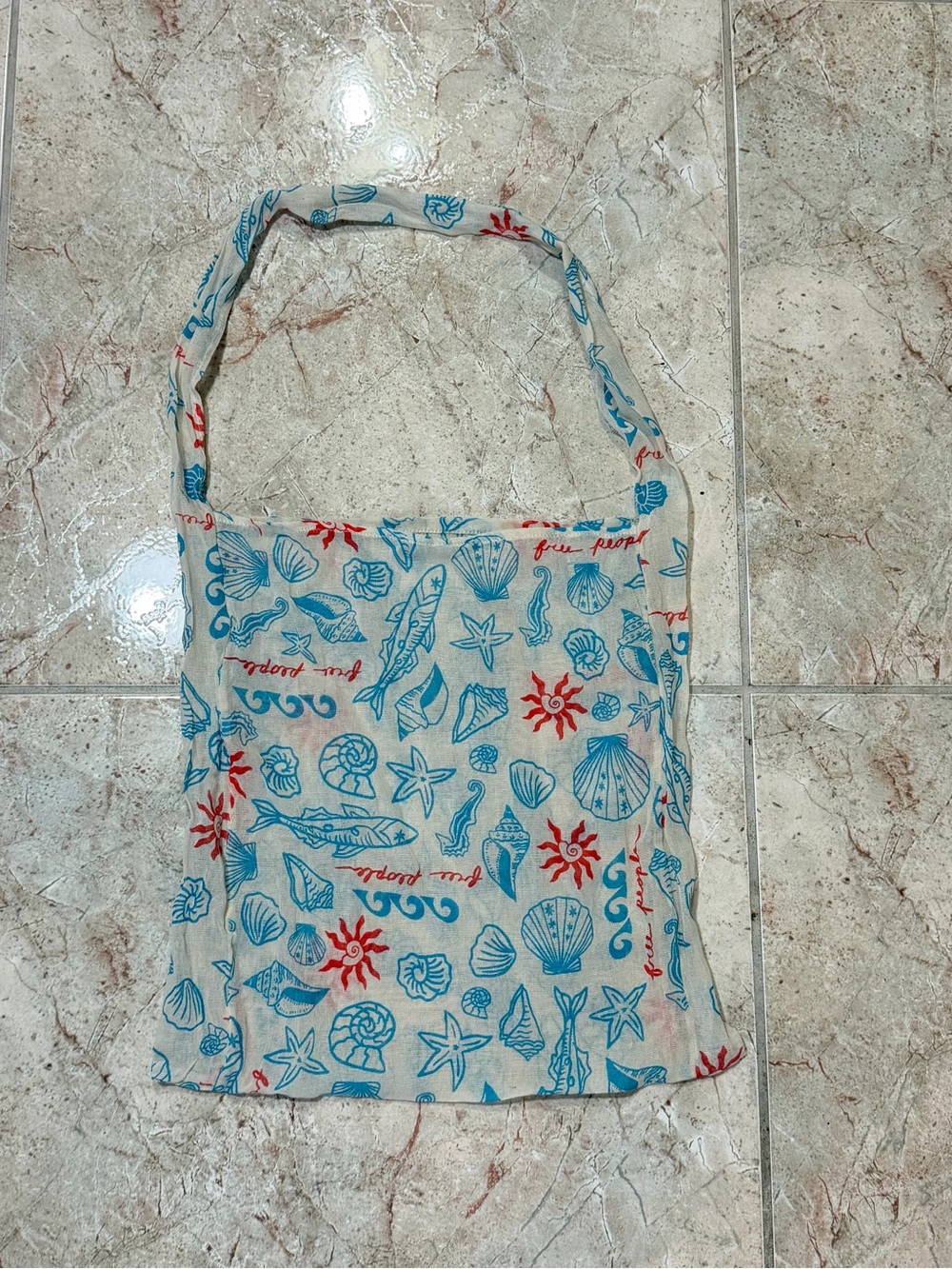Free People Cream Blue Red Nautical Seashell Shoulder Tote Bag